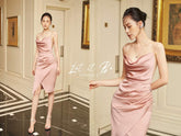 Draped Cowl Neck Silk Midi Dress with Side Pleats and Spaghetti Straps